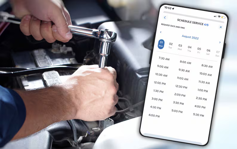 Hands working under the hood of a car with a screenshot of the Flow Garage app to the right