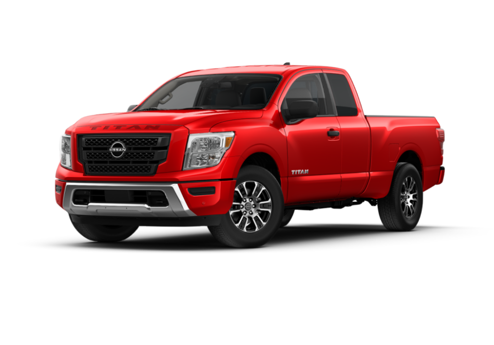 Red 2025 Nissan Titan truck in front of white background