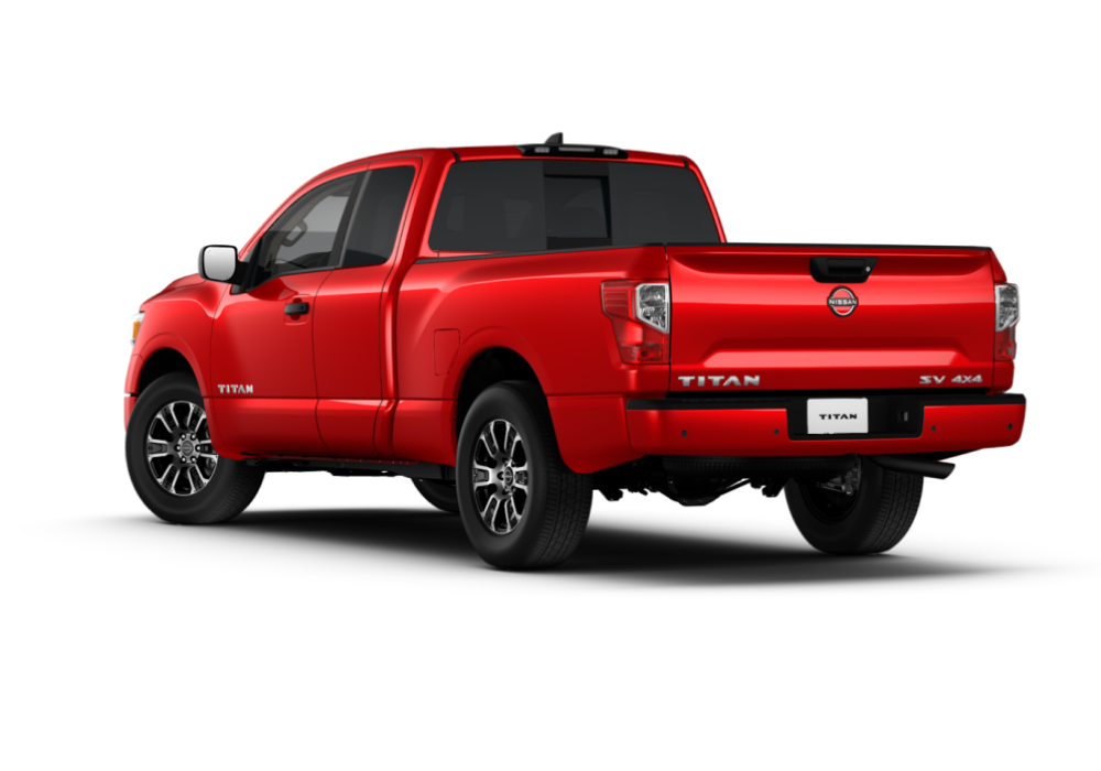 Rear exterior view of a 2025 Nissan Titan for sale. The truck is red, 